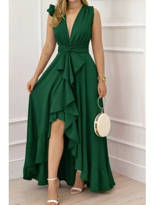 Gacha Kadın Askılı Kruvaze Yakalı Önü Volanlı Uzun Krep Elbise