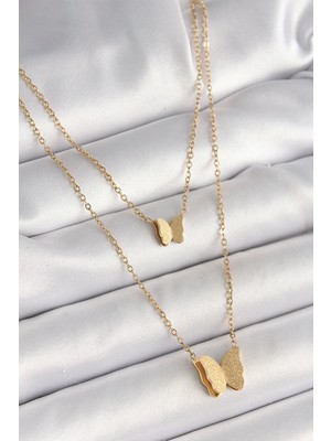 bebekokusu Tegan 316L Çelik Gold Renk 2'li Simli Kelebek Model Kadın Kolye TG27BKO9928