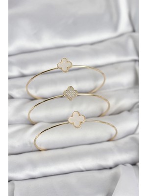 bebekokusu Tegan Gold Renk Yonca Model Zirkon Taşlı 3'lü Kadın Bileklik Kombini TG27BB8345