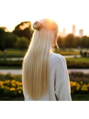 Pileli Store Fiber Sentetik Düz Yarım Ay + 2 Yan Çıt Çıt - Platin