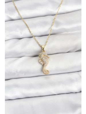 bebekokusu Tegan 316L Çelik Zincir Gold Renk Deniz Atı Model Zirkon Taşlı Kadın Kolye TG27BKO10895