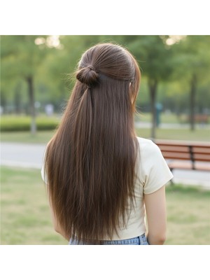 Pileli Store Fiber Sentetik Düz Yarım Ay + 2 Yan Çıt Çıt - Açık Kahve