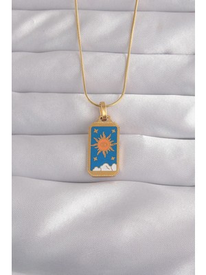 bebekokusu Tegan 316L Çelik Gold Renk Mavi Mineli Güneş Model Tarot Kolye TG27BKO9026