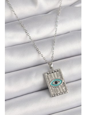 bebekokusu Tegan 316L Çelik Gümüş Renk Zirkon Taşlı Göz Işleme Detaylı Plaka Model Kadın Kolye TG27BKO9616