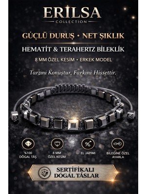 Erilsa Sertifikalı Hematit Terahertz Bileklik - 8 mm Doğal Taş Unisex Ayarlanabilir Model