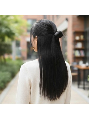 Pileli Store Fiber Sentetik Düz Yarım Ay + 2 Yan Çıt Çıt - Siyah