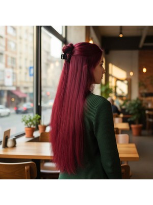 Pileli Store Fiber Sentetik Düz Yarım Ay + 2 Yan Çıt Çıt - Kızıl