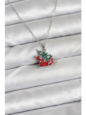 bebekokusu Tegan 316L Çelik Zincir Gümüş Renk Kızak ve Çam Ağacı Figürlü Yılbaşı Temalı Kadın Kolye TG27BKO10717