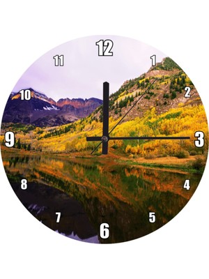 Doğa Temalı 50X50 cm Büyük Duvar Saati, Dağlar ve Göl Manzarası Tasarımı