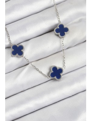 bebekokusu Tegan 316L Çelik Zincir Gümüş Lacivert Renk Yonca Kadın Kolye TG27BKO10587