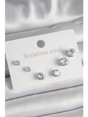 bebekokusu Tegan 316L Çelik Gümüş Renk Zirkon Taşlı Kalp Model Kadın Küpe Seti TG27BKP9879