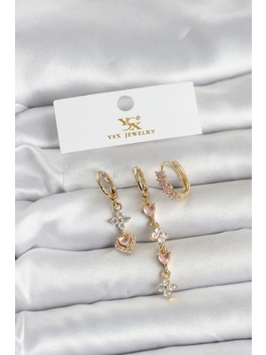 bebekokusu Tegan Pirinç Gold Renk Pembe Zirkon Taşlı 3'lü Kadın Küpe TG27BKP11707