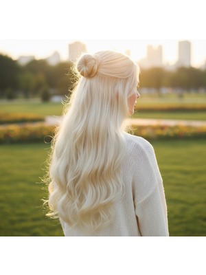 Pileli Store Fiber Sentetik Dalgalı Yarım Ay + 2 Yan Çıt Çıt - Platin