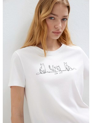 Mavi Kedi Baskılı Beyaz Tişört 1613721-620