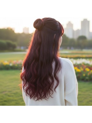 Pileli Store Fiber Sentetik Dalgalı Yarım Ay + 2 Yan Çıt Çıt - Koyu Kızıl