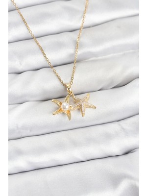 bebekokusu Tegan 316L Çelik Zincir Gold Renk Deniz Yıldızı Model Zirkon Taşlı Kadın Kolye TG27BKO10907