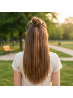 Pileli Store Fiber Sentetik Düz Yarım Ay + 2 Yan Çıt Çıt - Kumral