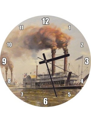Şık Antika Buharlı Vapurlar Duvar Saati 50X50 Cm, Retro ve Zarif Tasarım