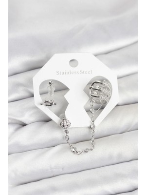 bebekokusu Tegan Pirinç Gümüş Renk Sarmal Model Zincir Bağlantılı Ear Cuff Küpe Seti TG27BKP11537