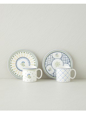 English Home Talavera Glow Bone Porselen 4 Parça 2 Kişilik Kahve Fincan Takımı 90 ml Mavi-yeşil