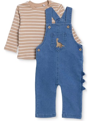 Hellobaby Erkek Bebek Salopet-Tişört Dinozor Baskılı Düğmeli Bisiklet Yaka Long Sleeve Patiksiz