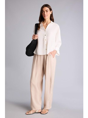 DeFacto Regular Fit Yüksek Bel Keten Görünümlü Pantolon H8494AX26SM