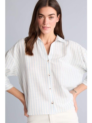 DeFacto Oversıze Kaçık Yaka Çizgili Keten Görünümlü Uzun Kollu GÖMLEK H5380AX26SM