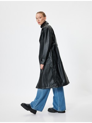 Koton Cepli Kruvaze Uzun Suni Deri Trençkot