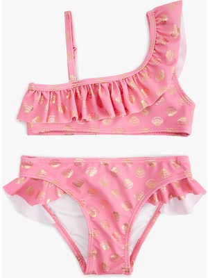 Koton Fırfırlı Parlak Baskılı Tek Omuz Ince Askılı Bikini Takımı