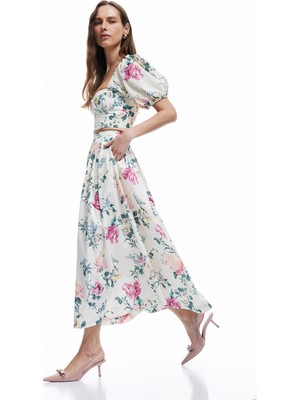 Koton Koton x Melis Ağazat - Rahat Kalıp Pamuklu Cepli Uzun Çiçekli Kloş Etek