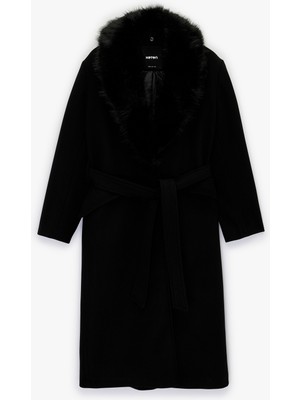 Koton Uzun Kollu Çıkarılabilir Suni Kürk Yaka Kemerli Kaşe Kaban