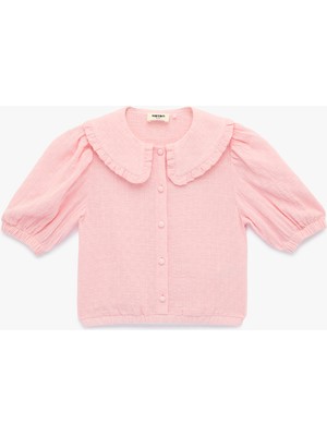 Koton Viskon Karışımlı  Kısa Kollu Düğmeli Crop Bebe Yaka Bluz