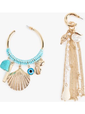 Koton Sallantılı Zincirli Deniz Kabuklu Çelik Asimetrik Halka Küpe