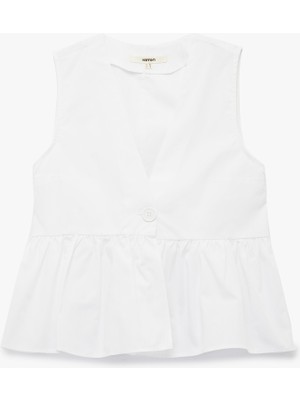 Koton Pamuklu V Yaka Peplum Düğme Detaylı Kolsuz Poplin Bluz