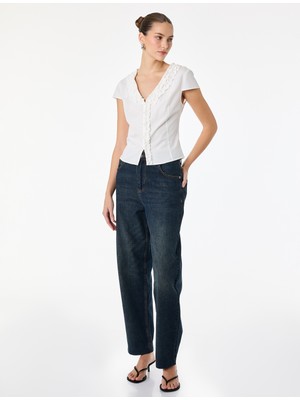 Koton Pamuklu Slim Fit Kap Kol V Yaka Fırfırlı Poplin Gömlek