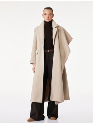 Koton Uzun Kollu Düğmeli Cepli Kruvaze Atkılı Kaşe Kaban