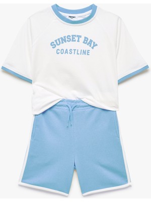 Koton Reglan Kol Bisiklet Yaka Baskılı Şort Tişört Takım