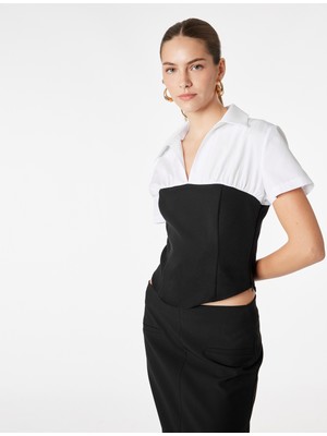Koton Pamuklu Slim Fit Renk Kontrastlı Kısa Kollu Korse Detaylı Gömlek