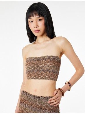 Koton Slim Fit Desenli Straplez Crop Kroşe Top