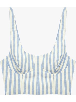 Koton Keten Karışımlı Slim Fit U Yaka Askılı Çizgili Crop Büstiyer
