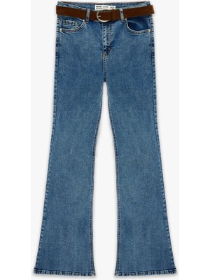 Koton Dar Kesim Kemerli Düğmeli Ispanyol Paça Denim Pantolon - Flare Jeans