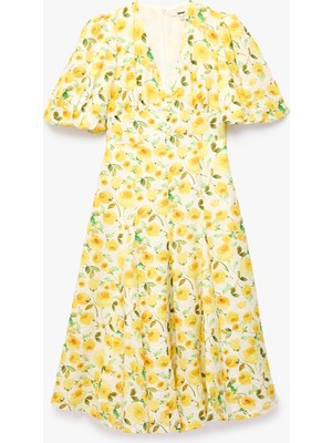 Koton Viskon Kumaş Kısa Balon Kollu V Yaka Gül Baskılı Çiçekli Midi Boy Elbise