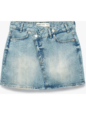 Koton Pamuklu Cepli Düğmeli Asimetrik Mini Denim Etek