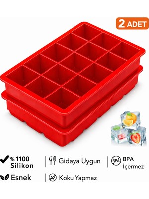 Evolis Kitchen 2ADET 15 Bölmeli Büyük Boy Silikon Buz Kalıb-Kare Buzluk Kokteyl Sunum Buz Kalıbı Et Suyu Saklama