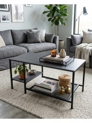 Moda Antrasit Raflı Orta Sehpa 90X45 cm – Metal Gövdeli Modern Salon Sehpası Pratico