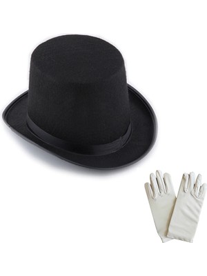 İlkyaz Fashion Siyah Sihirbaz Fötr Şapka 15 cm - 1 Çift Beyaz Sihirbaz Eldiveni - Yetişkin Boy