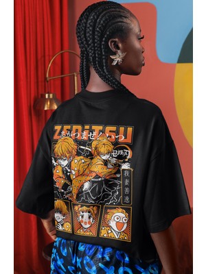 Sevbano Zenitsu Agatsuma Kimetsu No Yaiba Anime Sırt Baskılı Unisex Oversize Tişört