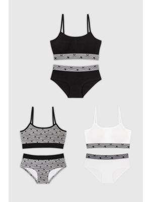 Baykar Genç Kız Pamuklu Desenli Ince Ip Askılı Büstiyer Bikini Külot Takımı 3lü Paket 7600 Renkli