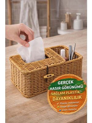 Toyfest Doğal Görünümlü Plastik Rattan Peçetelik Organizer Kutu Bölmeli Kapaklı Masaüstü Dekor - 25X12.5X10