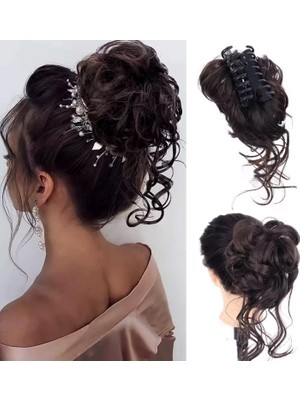 Pileli Store Tokalı Kuyruklu Dağınık Topuz  - Çikolata Kahve